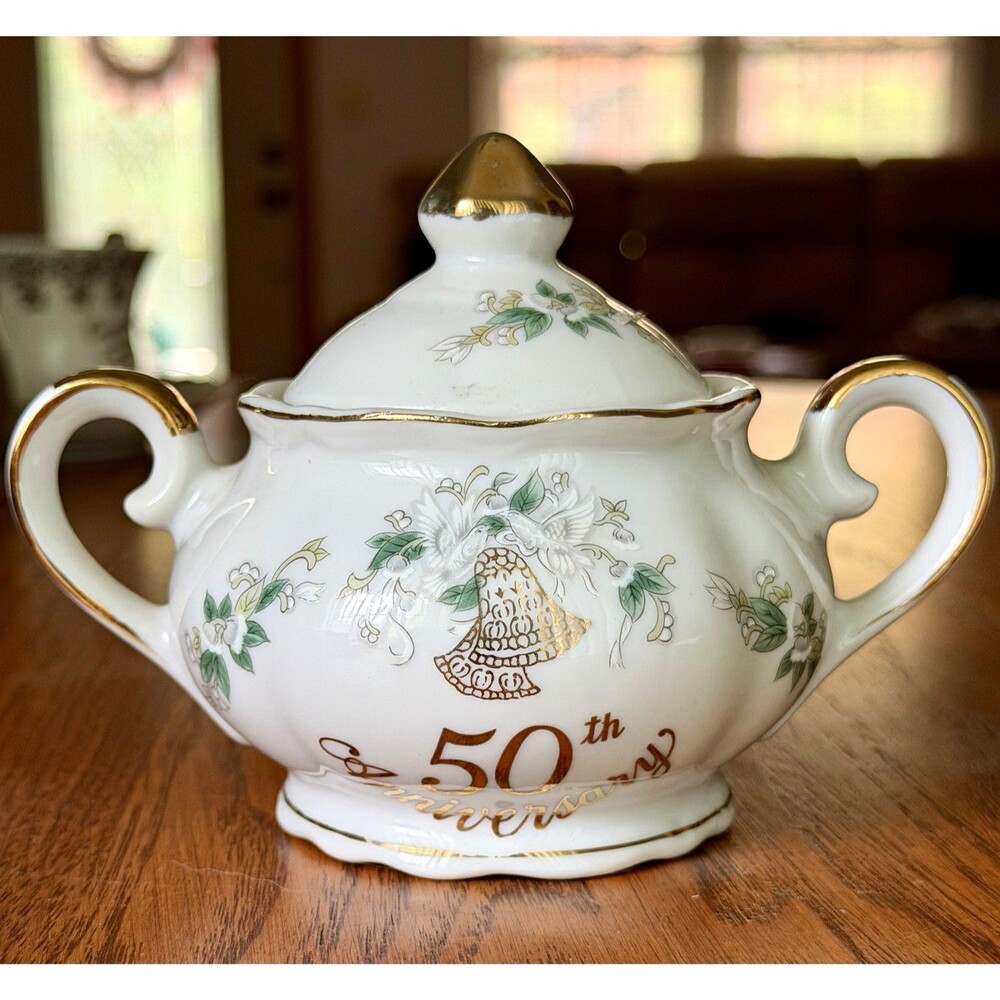 Lefton 50th Anniversary Floral Gold Trim Porcelain Sugar Bowl w Lid 0114X